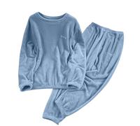Women's 2-Piece Fleece Family Satin Pyjamas Set Thermal Christmas Pajamas Long Sleeve with Trousers Warm Winter Nightwear for Cold Nights Soft Fluffy Lounge Wear Pjs Cozy Sleepwear Outfit M Blue