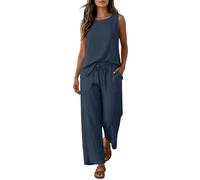 Womens 2 Piece Linen Sets Sleeveless Round Neck Tank Tops Wide Leg Elastic Waist Drawstring Trousers Quick Dry Lightweight Beach Vacation Vintage Baggy Suits Office Work Business Lounge Outfits
