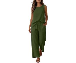 Womens 2 Piece Linen Sets Sleeveless Round Neck Tank Tops Wide Leg Elastic Waist Drawstring Trousers Quick Dry Lightweight Beach Vacation Vintage Baggy Suits Office Work Business Lounge Outfits