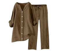 Women's 2-Piece Linen Suit Set Blouse Button Down and Trousers Long Elastic Waistband Casual Linen Suit Outfit Trouser Suits Loungewear Summer Leisure Suit Comfy Casual