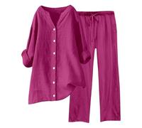 Women's 2-Piece Linen Suit Set Blouse Button Down and Trousers Long Elastic Waistband Casual Linen Suit Outfit Trouser Suits Loungewear Summer Leisure Suit Comfy Casual