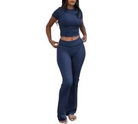 Women's 2 Piece Lounge Outfits Slim Short Sleeve Tops Low Rise Flare Leggings Sets Yoga Sweatsuit(Navy Short-sleeved Set,Medium)