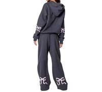Women's 2 Piece Lounge Set Long Sleeve Y2k Hoodies Bow Print Oversized Sweatsuit Jogger Pant Outfits with Pockets(Dark gray,Small)