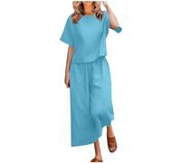 Womens 2 Piece Lounge Sets Clearance Summer Tracksuits Round Neck Short Sleeve Tops & Linen Trouser Wide Leg Pants Casual Bottoms Plus Size Going Out Co Ords Leisure Wear