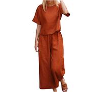 Womens 2 Piece Lounge Sets Clearance Summer Tracksuits Round Neck Short Sleeve Tops & Linen Trouser Wide Leg Pants Casual Bottoms Plus Size Going Out Co Ords Leisure Wear