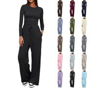 Womens 2 Piece Lounge Wear Sets Long Sleeve Round Neck Tops Drawstring Wide Leg Trousers Lounge Co Ord Tracksuit Full Set Airport Travel Outfits for Women UK