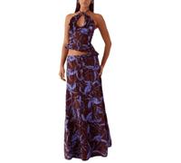 Womens 2 Piece Maxi Skirt Set Y2k Halter Ruched Cami Top Tiered Flowy Ruffle Skirt 2025 Summer Beach Outfits (Coffee, L)