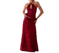 Womens 2 Piece Maxi Skirt Set Y2k Halter Ruched Cami Top Tiered Flowy Ruffle Skirt 2025 Summer Beach Outfits (Red, S)