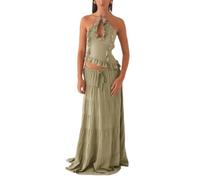 Womens 2 Piece Maxi Skirt Set Y2k Halter Ruched Cami Top Tiered Flowy Ruffle Skirt 2025 Summer Beach Outfits (Green, S)