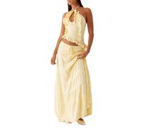 Womens 2 Piece Maxi Skirt Set Y2k Halter Ruched Cami Top Tiered Flowy Ruffle Skirt 2025 Summer Beach Outfits (Yellow, L)
