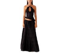 Womens 2 Piece Maxi Skirt Set Y2k Halter Ruched Cami Top Tiered Flowy Ruffle Skirt 2025 Summer Beach Outfits (Black, M)