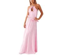 Womens 2 Piece Maxi Skirt Set Y2k Halter Ruched Cami Top Tiered Flowy Ruffle Skirt 2025 Summer Beach Outfits (Pink, L)