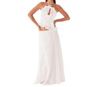 Womens 2 Piece Maxi Skirt Set Y2k Halter Ruched Cami Top Tiered Flowy Ruffle Skirt 2025 Summer Beach Outfits (White, L)