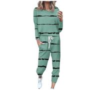 Women's 2-Piece Outfit Autumn Winter Crew Neck Sweatshirts and Trousers with Pockets and Drawstring Striped Stretch Lightweight Leisure Suit Outdoor Holiday Casual Trouser Suits, S-5XL, Green, XL