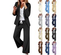Womens 2 Piece Outfit Blazer Set Women's Trouser Suits Elegant Business Plain Wedding Suit Ladies Summer Dressy Button office formal Work Blazer Jacket and Elasticated Waist Wide Leg Trousers Set