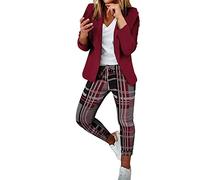 Women's 2 Piece Outfit Casual Plaid Open Front Blazer and Pencil Pant Suits Set Business Work Suit Jacket Dress Pants(Wine,X-Large)