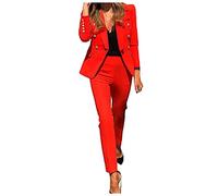 Womens 2 Piece Outfit - Solid Open Front Blazer and Pencil Pant Suits Set - Double Breasted Notch Lapel Elegant Women's Business Office Suit SetsWork Blazer Pants Red
