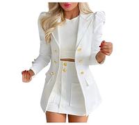 Womens 2 Piece Outfit Suit Casual Long Puff Sleeve Cardigan Blazer + Short Skirt Suit Work Business Office Formal Wedding Guests Coats and Jackets Ladies Autumn Outerwear White