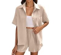 Womens 2 Piece Outfit Summer Shorts Set Petite Co Ord Sets for Women Gym Activewear and Shirt Linen Breathable Suits Ords Two Outfits Beach Casual Tracksuit