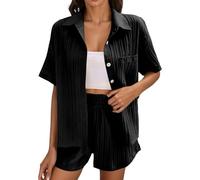 Womens 2 Piece Outfit Summer Two Sets for Women Short Co Ord Set Drawstring Linen Suits Plus Size Petite Wide Leg Oversized Shirt and Shorts Travel Outfit Tshirts Black