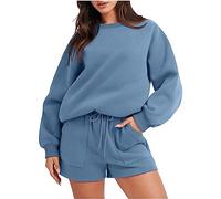 Womens 2 Piece Outfit Sweatsuit Plain Tracksuit Set Long Sleeve Crewneck Loose Sweatshirt Lounge Shorts with Pockets Ladies Casual Solid Color Jumper Jogger Activewear Pajamas Tacksuit Sets UK