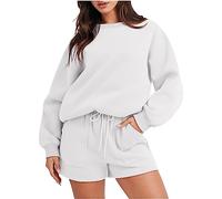 Womens 2 Piece Outfit Sweatsuit Plain Tracksuit Set Long Sleeve Crewneck Loose Sweatshirt Lounge Shorts with Pockets Ladies Casual Solid Color Jumper Jogger Activewear Pajamas Tacksuit Sets UK Sale