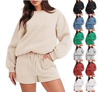 Womens 2 Piece Outfit Sweatsuit Plain Tracksuit Set Long Sleeve Crewneck Loose Sweatshirt Lounge Shorts with Pockets Ladies Casual Solid Color Jumper Jogger Activewear Pajamas Tacksuit Sets UK