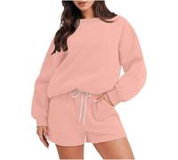 Womens 2 Piece Outfit Sweatsuit Plain Tracksuit Set Long Sleeve Crewneck Loose Sweatshirt Lounge Shorts with Pockets Ladies Casual Solid Color Jumper Jogger Activewear Pajamas Tacksuit Sets UK