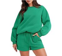 Womens 2 Piece Outfit Sweatsuit Plain Tracksuit Set Long Sleeve Crewneck Loose Sweatshirt Lounge Shorts with Pockets Ladies Casual Solid Color Jumper Jogger Activewear Pajamas Tacksuit Sets UK Sale