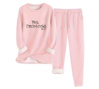 Womens 2 Piece Outfit Yes I'm Still Cold Fleece Lined Pajamas Set Winter Warm Long Sleeve Crew Neck Tops & Elastic Waist Trousers with Pockets Thickened Casual Sleepwear Loungewear