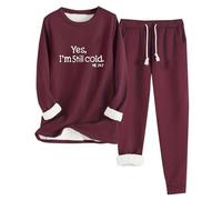 Womens 2 Piece Outfit Yes I'm Still Cold Fleece Lined Pajamas Set Winter Warm Long Sleeve Crew Neck Tops & Elastic Waist Trousers with Pockets Thickened Casual Sleepwear Loungewear