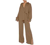 Womens 2 Piece Outfits Casual Wide Legs Trousers Sets Ribbed Knitted Loungesuits Button Down Shirts Frill Cuffs Split Bottom Wide Legs Trousers Suits Spring Autumn Elegant Co-ord Sets Khaki L