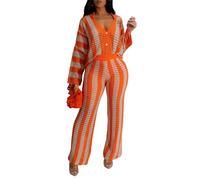 Womens 2 Piece Outfits Color Block Button Down Shirt with Wide Leg Pants Beach Vacation Fashion Crochet Sets (Orange,L)