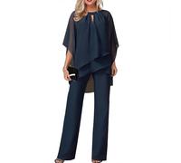 Womens 2 Piece Outfits Dressy Pant Suits for a Wedding Formal Irregular Chiffon Wide Leg Pant Sets for Evening Party (Blue,XL)