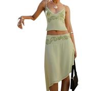Women's 2 Piece Outfits Lace Floral Print Spaghetti Strap Beach Vacation Tropical Print Tie Back Camp Top and Maxi Skirt Set (A-Green, S)