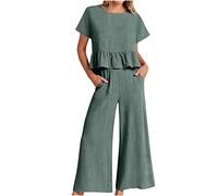 Women's 2 Piece Outfits Linen Sets for Women UK Clearance Summer Tracksuit Co Ord Set Loungewear Sleeveless Ruffle Hem Tank Tops + Wide Leg Pants Trousers with Pockets for Going Out Holiday