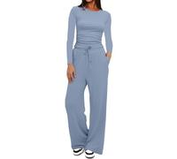 Women's 2 Piece Outfits Loungewear Crew Neck Pullover Long Sleeve Tops and Wide Leg Pants Casual Sets Tracksuits Elastic Waisted Pants Comfy Sets(Blue,XXL)