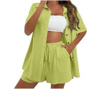 Women's 2 Piece Outfits Sets Cotton Linen Blouse Cardigan Top Elastic Waist Tie Pocket Shorts Clearance Summer Solid Short Sleeve Lapel Button Down Fashion Casual Loose Going Out Y2k Streetwear