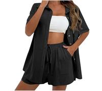 Women's 2 Piece Outfits Sets Cotton Linen Blouse Cardigan Top Elastic Waist Tie Pocket Shorts Clearance Summer Solid Short Sleeve Lapel Button Down Fashion Casual Loose Going Out Y2k Streetwear