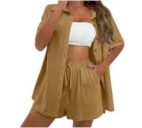 Women's 2 Piece Outfits Sets Cotton Linen Blouse Cardigan Top Elastic Waist Tie Pocket Shorts Clearance Summer Solid Short Sleeve Lapel Button Down Fashion Casual Loose Going Out Y2k Streetwear