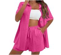 Women's 2 Piece Outfits Sets Cotton Linen Blouse Cardigan Top Elastic Waist Tie Pocket Shorts Clearance Summer Solid Short Sleeve Lapel Button Down Fashion Casual Loose Going Out Y2k Streetwear