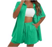Women's 2 Piece Outfits Sets Cotton Linen Blouse Cardigan Top Elastic Waist Tie Pocket Shorts Sale Clearance Summer Solid Short Sleeve Lapel Button Down Fashion Casual Loose Going Out Y2k Streetwear