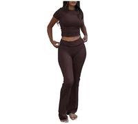 Women's 2 Piece Outfits Slim Short Sleeve Tops Low Rise Flare Leggings Sets Yoga Sweatsuit Seamless Yoga Workout Set (Coffee, M)