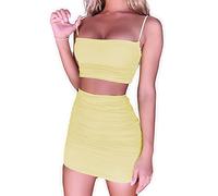 Womens 2 Piece Outfits Spaghetti Strap Ruched Cami Crop Tops Summer Bodycon Short Mini Skirt Dress Set Clubwear Small Light Yellow