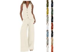Women's 2 Piece Outfits Summer Sleeveless V Neck Vest Wide Leg Pant Suit Work Vest Suits Casual Matching Set Gifts for Women Green Beige Yellow Navy Light Orange Khaki Blue S M L XL 2XL 3XL 4XL 5XL