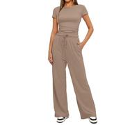 Womens 2 Piece Outfits Sweatsuits Sets Short Sleeve Sweatshirts with Cargo Sweatpants High Rise Wide Leg Trousers with Pockets and Drawstring Elastic Waist Loungewear (Color : Brown, Size : M)