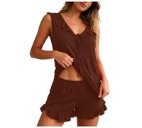 Womens 2 Piece Pajamas Set Sexy Ruffle Tank Top Shorts Pj Set Summer Short Loungewear Bathing Suit Shorts (Brown, S)