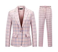 Womens 2 Piece Plaid Suits Set Business Office One Button Blazer Jacket Casual Long Sleeve Pant Suit Set, Pink, Large