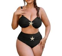 Women's 2 Piece Plus Size Bikini, V-Neckline Strapless Bra, High Waisted Panties, Starfish Detail on Top and Bottom, Swimsuit for Beach, Pool and Vacation