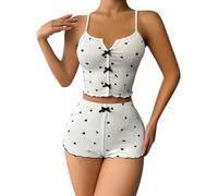 Women's 2 Piece Pyjama Sets Summer V-Neck Cami Tops and Shorts Pj Sets Heart Print Elegant Crop Tank Top Nightwear with Drawstring Shorts Loungwear Sleepwear
